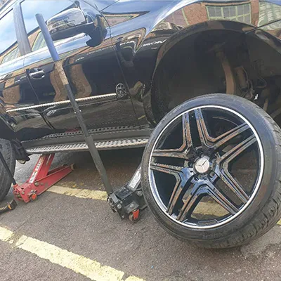 a wheel out of a car